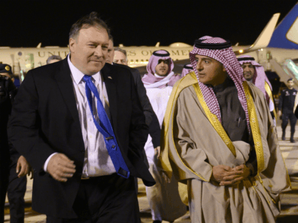 US Secretary of State Mike Pompeo (L) is greeted by Saudi's Minister of State for Foreign Affairs Adel al-Jubeir in Riyadh on January 13, 2019, during his extensive Middle East tour. (Photo by ANDREW CABALLERO-REYNOLDS / various sources / AFP) (Photo credit should read ANDREW CABALLERO-REYNOLDS/AFP/Getty Images)