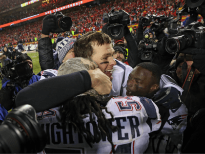 Tom Brady #12 of the New England Patriots celebrates after defeating the Kansas City Chief