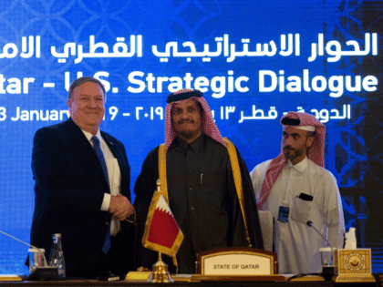 US Secretary of State Mike Pompeo (L) signs an MOU and statement of intent with Mohammed bin Abdulrahman bin Jassim Al Thani, the Deputy Prime Minister and Qatari Minister of Foreign Affairs, at the Sheraton Grand in the Qatari capital Doha on January 13, 2019. (Photo by ANDREW CABALLERO-REYNOLDS / …