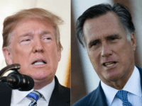 This combination of file pictures created on February 20, 2018 shows US President Donald Trump(L) speaking on the Florida school shooting at the White House on February 15, 2018 in Washington, DC, and Mitt Romney speaking to reporters after his meeting with president-elect Donald Trump at Trump International Golf Club, …