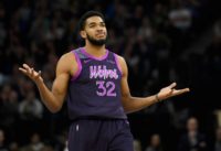 Minnesota's Karl-Anthony Towns -- seen here in November -- had 34 points, 18 rebounds, seven assists and six blocked shots in leading the Timberwolves to a 113-104 NBA victory over the Miami Heat