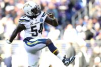 Los Angeles Chargers defender Melvin Ingram celebrates a sack during a 23-17 NFL playoff victory Sunday at Baltimore