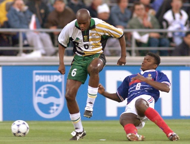 Marcel Desailly of France tackles Philemon Masinga (L) of South Africa during a 1998 World Cup group match in Marseille South African 'great legend' Philemon Masinga dies
