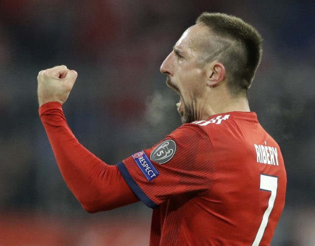Germany Soccer Bundesliga FILE In this picture taken Nov.27, 2018 Bayern midfielder Franck Ribery celebrates after scoring his side's fifth goal during the Champions League group E soccer match between FC Bayern Munich and Benfica Lisbon in Munich, Germany. (AP Photo/Matthias Schrader) The Associated Press