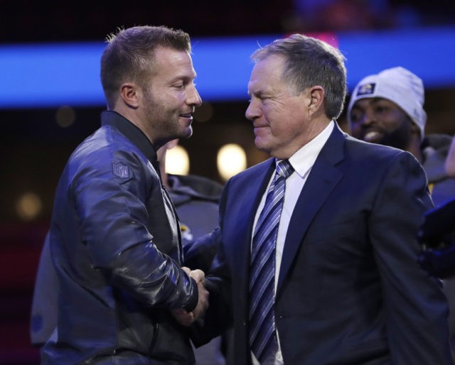 Patriots Rams Super Bowl Football Los Angeles Rams head coach Sean McVay, left, shakes hands with New England Patriots head coach Bill Belichick during Opening Night for the NFL Super Bowl 53 football game Monday, Jan. 28, 2019, in Atlanta. (AP Photo/David J. Phillip) The Associated Press