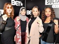 womens-march-leaders The organizers of the Women’s March, from left to right: Bob Bland, Linda Sarsour, Carmen Perez, and Tamika Mallory, at BET’s Social Awards in Atlanta, February 11, 2018.