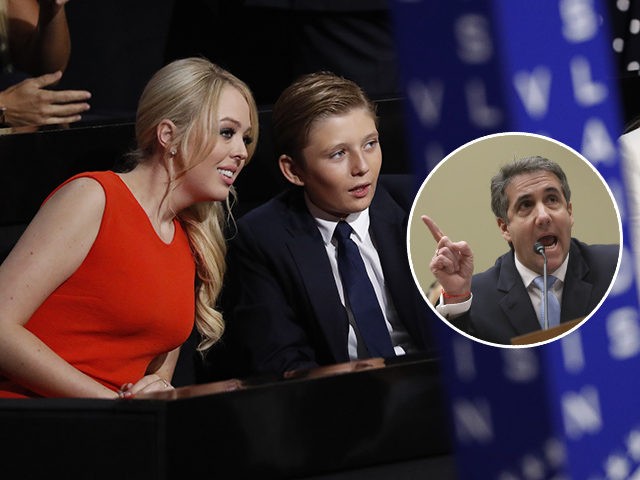 (INSET: Michael Cohen) Barron Trump, center, son of Donald and Melania Trump, talks to Tiffany Trump as Melania Trump sits at right during the final day of the Republican National Convention in Cleveland, Thursday, July 21, 2016. (AP Photo/Paul Sancya)