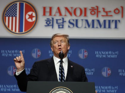 President Donald Trump speaks during a news conference after a summit with North Korean le