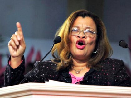 PHILADELPHIA - JANUARY 8: Dr. Alveda King, founder of King for America, Inc., gestures at the Justice Sunday III rally on January 8, 2006 in Philadelphia, Pennsylvania. Sponsored by the Family Research Council, the rally was held one day before the start of confirmation hearings for Supreme Court nominee Samuel …
