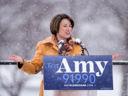 Sen. Amy Klobuchar (D-MN) announces her presidential bid in front of a crowd gathered at Boom Island Park on February 10, 2019 in Minneapolis, Minnesota. Klobuchar joins a crowded field of Democrats vying for the 2020 nomination. (Photo by Stephen Maturen/Getty Images)