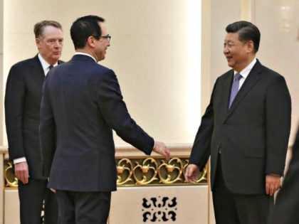 U.S. Treasury Secretary Steven Mnuchin, second from left, talks with Chinese President Xi