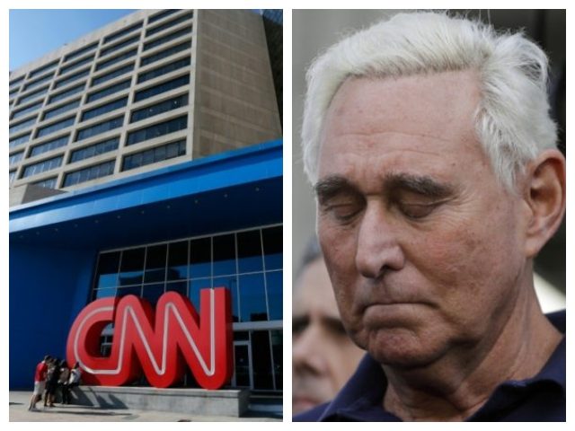 Combo photo with CNN building and Roger Stone