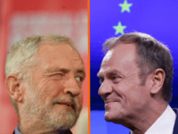 Corbyn and Tusk (L)TOPSHOT - Britain's opposition Labour party leader Jeremy Corbyn winks to a colleague as he attends a political rally event in Hastings, southeast England on January 17, 2019. - Prime Minister Theresa May must 'ditch the red lines' on Brexit after the defeat of the plan she had agreed with …