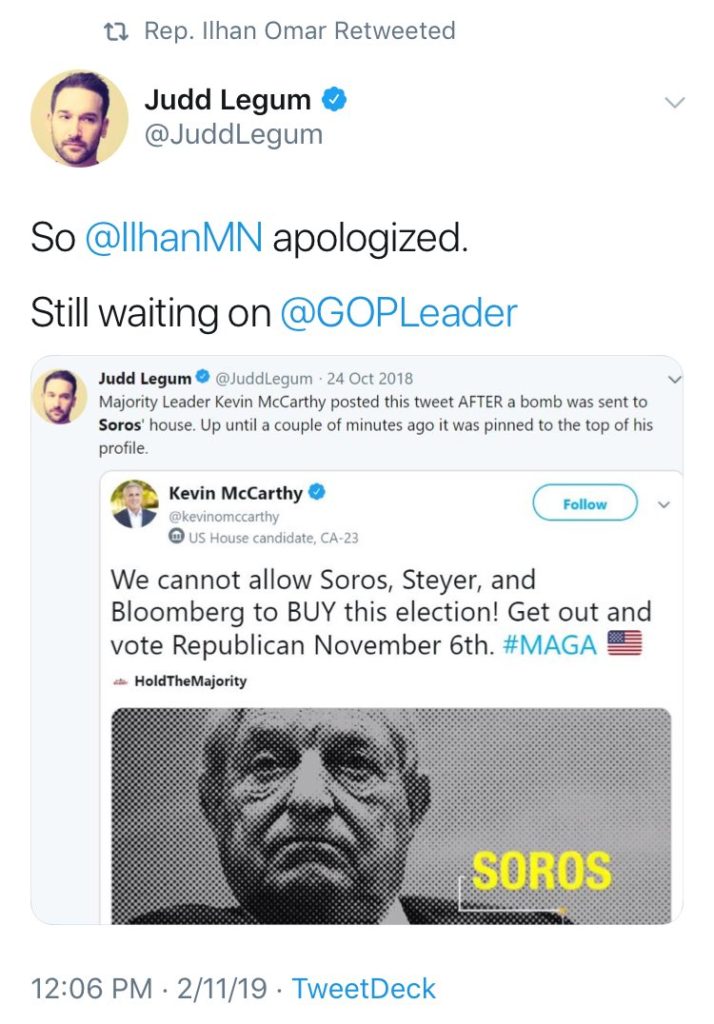 Rep. Ilhan Omar Judd Legum McCarthy antisemitism retweet (Screenshot / Twitter)
