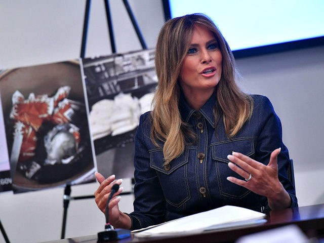 US First Lady Melania Trump takes part in a briefing at the Office of National Drug Contro