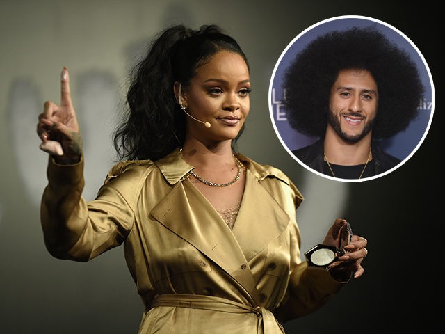 (INSET: Colin Kaepernick) DUBAI, UNITED ARAB EMIRATES - SEPTEMBER 29: Rihanna gestures on stage during her Fenty Beauty talk in collaboration with Sephora, for the launch of her new Stunna Lip paint "Uninvited" on September 29, 2018 in Dubai, United Arab Emirates. (Photo by Mark Ganzon/Getty Images for Fenty Beauty)