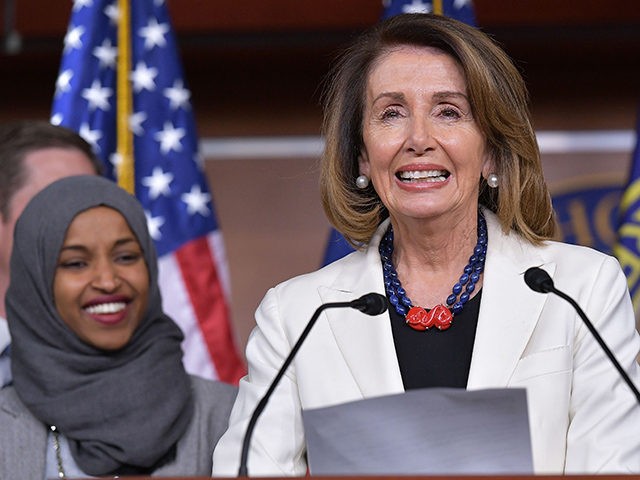 House Minority Leader Nancy Pelosi speaks during a press conference in the House Visitors Center at the US Capitol in Washington, DC on November 30, 2018. Flanking her are: Representatives-elect Ilhan Omar, D-MN, and Susan Wild, D-PA. (Photo by MANDEL NGAN / AFP) (Photo credit should read MANDEL NGAN/AFP/Getty Images)