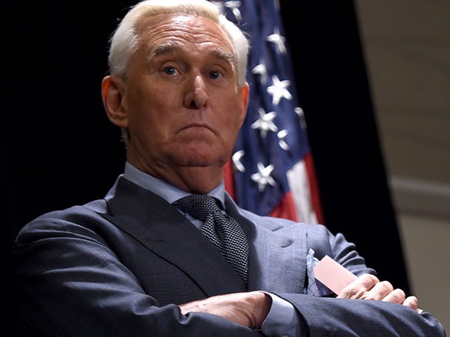 Roger Stone, longtime friend and confidant of US President Donald Trump, speaks to the pre