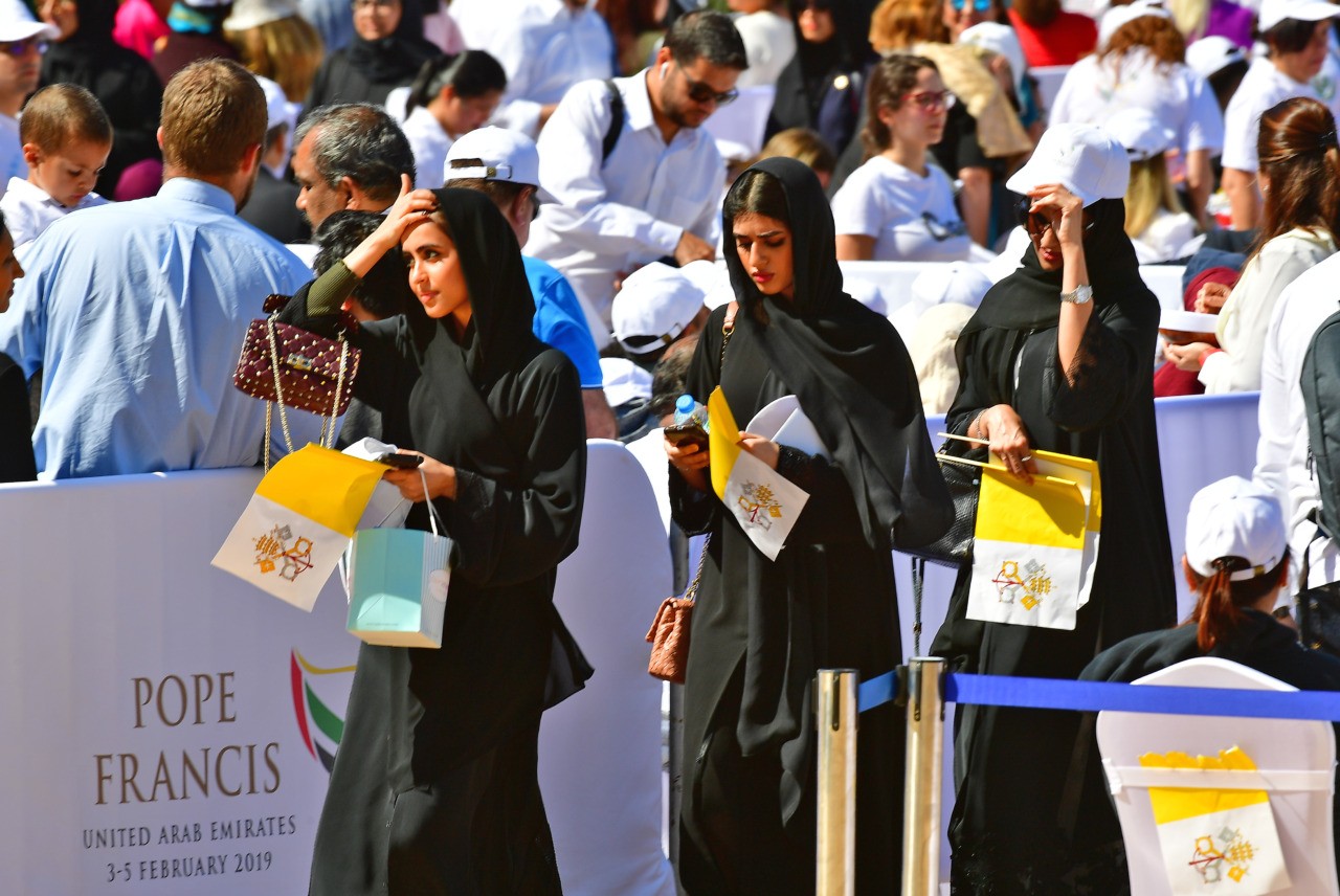 Worshippers attend mass, led by Pope Francis, for an estimated 170,000 Catholics at the Zayed Sports City Stadium on February 5, 2019. (Photo by Giuseppe CACACE / AFP) (Photo credit should read GIUSEPPE CACACE/AFP/Getty Images)