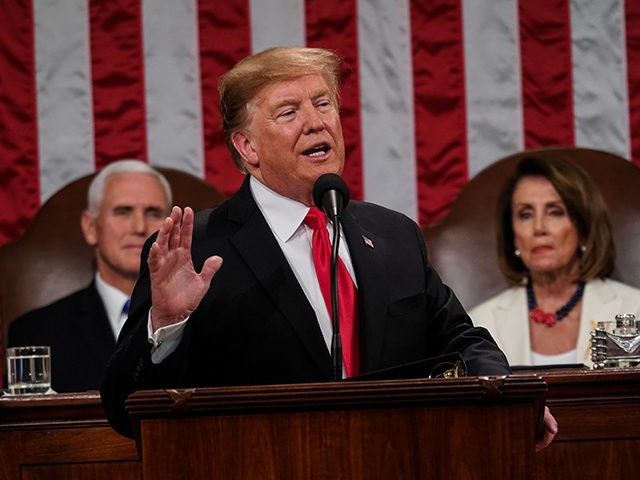 WASHINGTON, DC - FEBRUARY 5: U.S. President Donald Trump, with Speaker Nancy Pelosi and Vice President Mike Pence looking on, delivers the State of the Union address in the chamber of the U.S. House of Representatives at the U.S. Capitol Building on February 5, 2019 in Washington, DC. President Trump's …