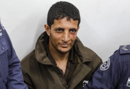 Arafat Irfaiya, a 29-year-old Palestinian suspected of killing a young Israeli woman, is seen in Israeli custody at the Magistrate's Court in Jerusalem on February 11, 2019. - The body of 19-year-old Ori Ansbacher was found on February 7 south of Jerusalem and her suspected murdered Arafat Irfaiya, 29, was …