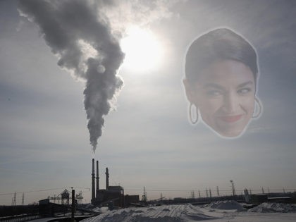 (INSET: Green New Deal co-sponsor Alexandria Ocasio-Cortez) ROMEOVILLE, ILLINOIS - FEBRUARY 01: Smoke rises from a coal-fired power plant on February 01, 2019 in Romeoville, Illinois. The recent polar vortex taxed power systems across the Midwest as demand for electricity climbed as temperatures plunged. (Photo by Scott Olson/Getty Images)