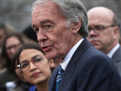 Budget - WASHINGTON, DC - FEBRUARY 07: U.S. Sen. Ed Markey (D-MA) speaks as Rep. Alexandria Ocasio-Cortez (D-NY) and other Congressional Democrats listen during a news conference in front of the U.S. Capitol February 7, 2019 in Washington, DC. Sen. Markey and Rep. Ocasio-Cortez held a news conference to unveil …