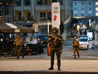 BRUSSELS, BELGIUM - JUNE 20: Armed police stand guard outside Brussels Central train stati