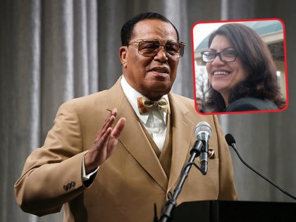 (INSET: Rashida Tlaib) WASHINGTON, DC - NOVEMBER 16: Nation of Islam Minister Louis Farrakhan delivers a speech and talks about U.S. President Donald Trump, at the Watergate Hotel, on November 16, 2017 in Washington, DC. This is the first time that Minister Farrakhan will speak directly to the 45th President …