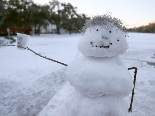 SAVANNAH, GA - JANUARY 04: A snowman is seen as snow that fell yesterday and cold weather blanket the area on January 4, 2018 in Savannah, Georgia. From Maine to Florida every state along the east coast is expected to have to deal with winter weather. (Photo by Joe Raedle/Getty …