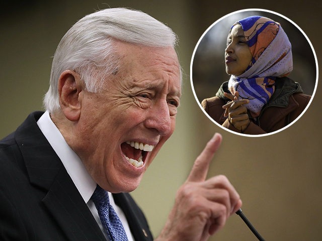 (INSET: Ilhan Omar) WASHINGTON, DC - JUNE 22: House Minority Whip Steny Hoyer (D-MD) answers reporters questions about immigration legislation and the Trump tax cuts during a news conference at the U.S. Capitol Visitors Center June 22, 2018 in Washington, DC. Hoyer and House Democrats invited "Americans impacted by the …