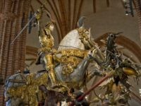 The medieval sculpture "Saint George and The medieval sculpture "Saint George and the dragon" is revealed to the press in the Stockholm cathedral Storkyrkan on April 29, 2010, after a renovation of the whole church prior to the wedding of Swedish Crown Princess Victoria in the cathedral on June 19. AFP PHOTO / Scanpix (Photo credit …