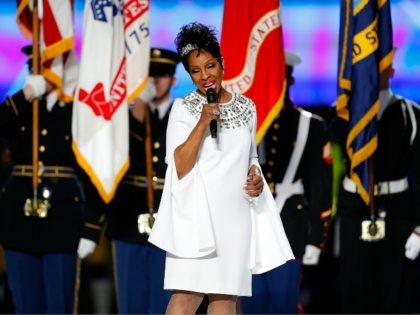 ATLANTA, GA - FEBRUARY 03: Gladys Knight sings the National Anthem prior to kickoff at Sup