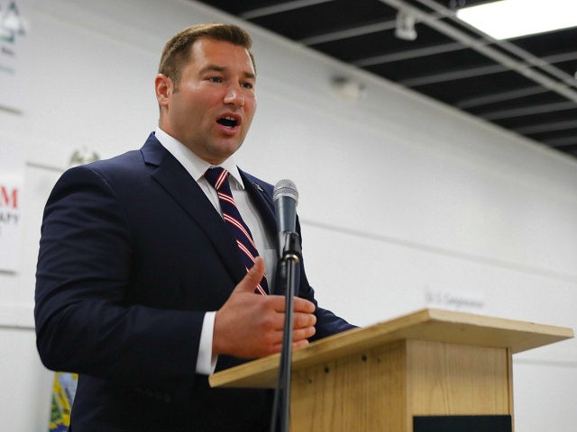 In this photo made on Sept. 21, 2018, Guy Reschenthaler Republican Pennsylvania State Senator from the 37th district speaks at a candiates forum in Tarentum, Pa. Reschenthaler faces Democrat Bibiana Boerio. (AP Photo/Keith Srakocic)
