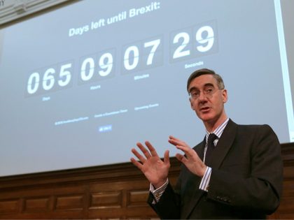 Conservative MP and Chairman of the European Research Group (ERG), Jacob Rees-Mogg gestures as he speaks during a meeting of The Bruges Group, a pro-Brexit think tank, in London on January 23, 2019. - The Bruges Group are long-time supporters of leaving the European Union and are against the emergence …