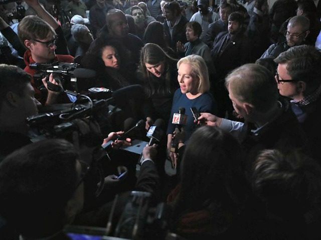 CEDAR RAPIDS, IOWA - FEBRUARY 18: U.S. Senator Kirsten Gillibrand speaks to the press duri