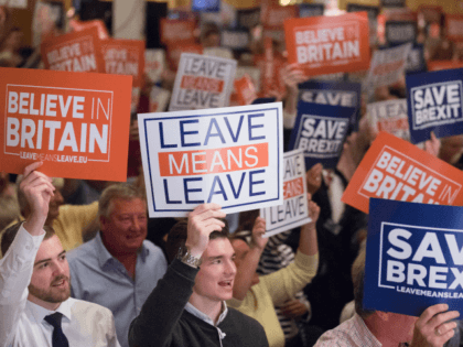 TORQUAY, ENGLAND - OCTOBER 13: People hold up posters at the 'Leave Means Rally' at the Ri