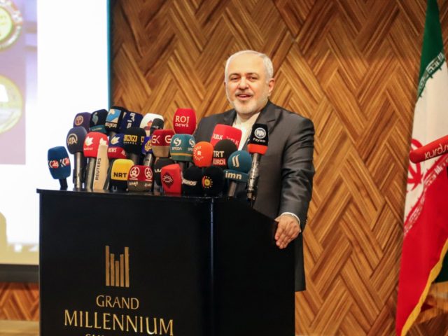 Iranian Foreign Minister Mohammad Javad Zarif speaks during a joint-trade conference betwe