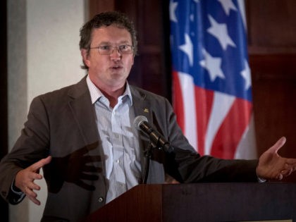 U.S. Rep. Thomas Massie, R-Ky, speaks to supporters gathered at The Champions of Liberty Rally in Hebron, Ky., Friday, Aug. 11, 2017.