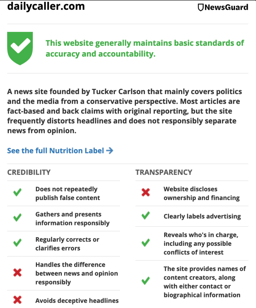 Daily Caller NewsGuard "Nutrition Label"