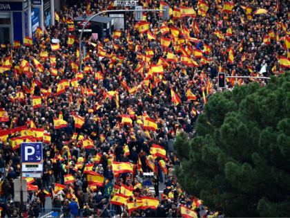 Right-wing protesters wave Spanish flags during a demonstration in Madrid …