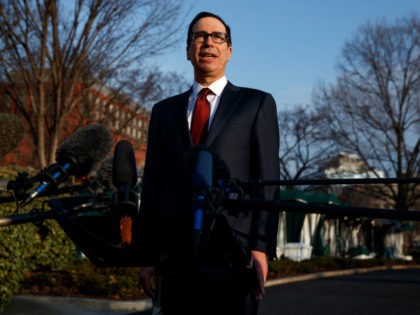 Treasury Secretary Steve Mnuchin speaks with reporters outside the White House, Wednesday, Feb. 6, 2019, in Washington.