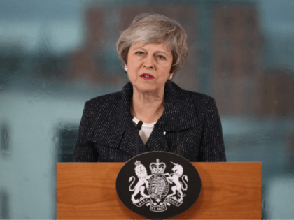 BELFAST, NORTHERN IRELAND - FEBRUARY 05: British Prime Minister Theresa May makes a speech during a visit to Allstate Northern Ireland on February 5, 2019 in Belfast, Northern Ireland. Mrs May's speech will pledge to avoid a hard border in Ireland following Brexit. (Photo by Liam McBurney - WPA Pool/Getty …