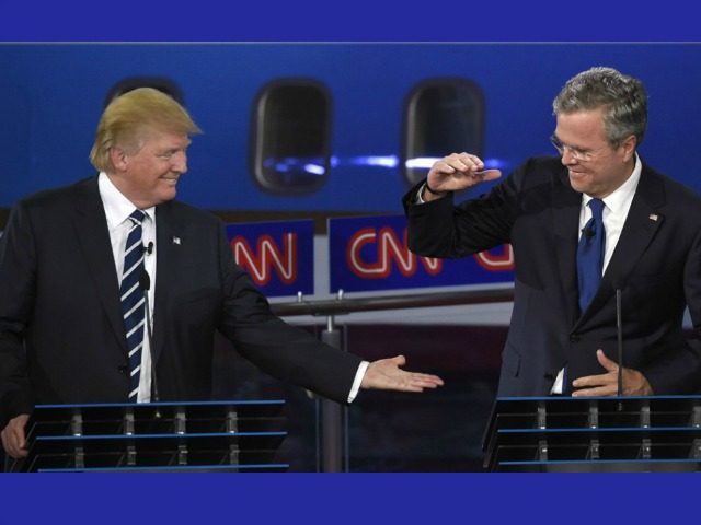 Donald Trump and Jeb Bush had many tense moments during Wednesday's debate, but there were also some light moments, including when they slapped hands toward the end of the night.