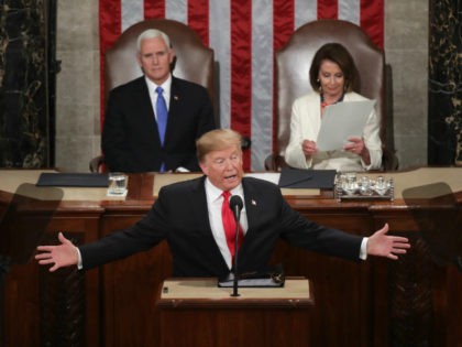 President Donald Trump, with Speaker Nancy Pelosi and Vice President Mike Pence looking on, delivers the State of the Union address in the chamber of the U.S. House of Representatives at the U.S. Capitol Building on February 5, 2019 in Washington, DC. President Trump's second State of the Union address …