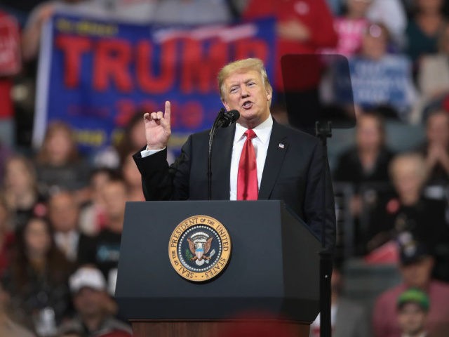 U.S. President Donald Trump speaks to supporters during a campaign rally at the Mid-America Center on October 9, 2018 in Council Bluffs, Iowa.