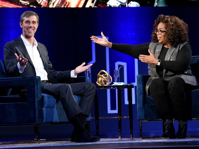 NEW YORK, NEW YORK - FEBRUARY 05: Beto O’Rourke and Oprah Winfrey speak onstage at Oprah