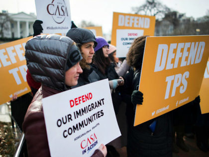 Immigrants and activists protest near the White House to demand that the Department of Homeland Security extend Temporary Protected Status (TPS) for more than 195,000 Salvadorans on January 8, 2018 in Washington, DC. The US government announced Monday the end of a special protected status for about 200,000 Salvadoran immigrants, …