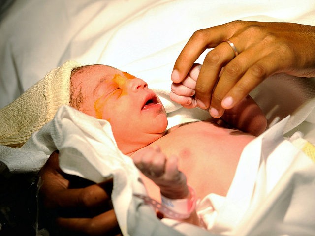 A new born baby takes the finger of his mother after the delivery, on September 17, 2013 a