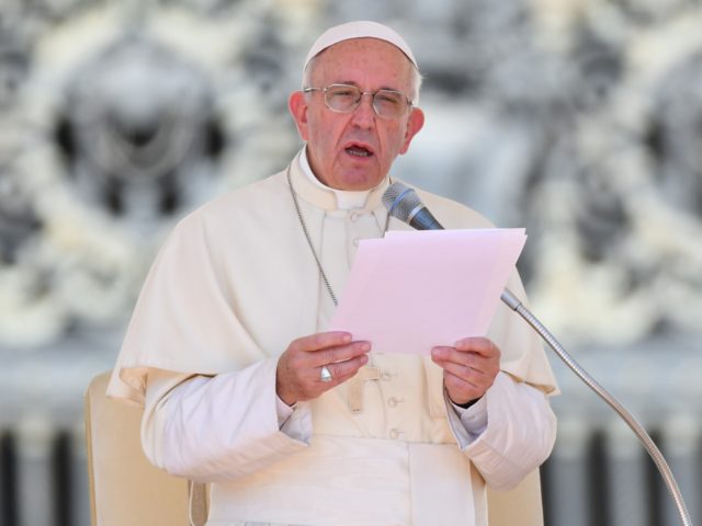 Pope Francis reads his condolences for the victims of the earthquake in central Italy during his weekly general audience on August 24, 2016 in St Peter's square at the Vatican / AFP / VINCENZO PINTO (Photo credit should read VINCENZO PINTO/AFP/Getty Images)